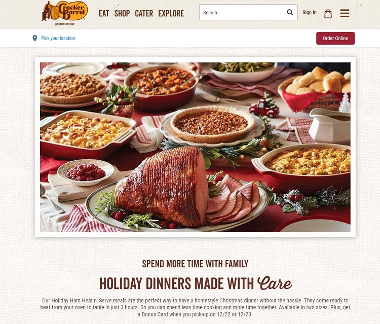 Imagery includes holiday meal with red table cloth and holly branches